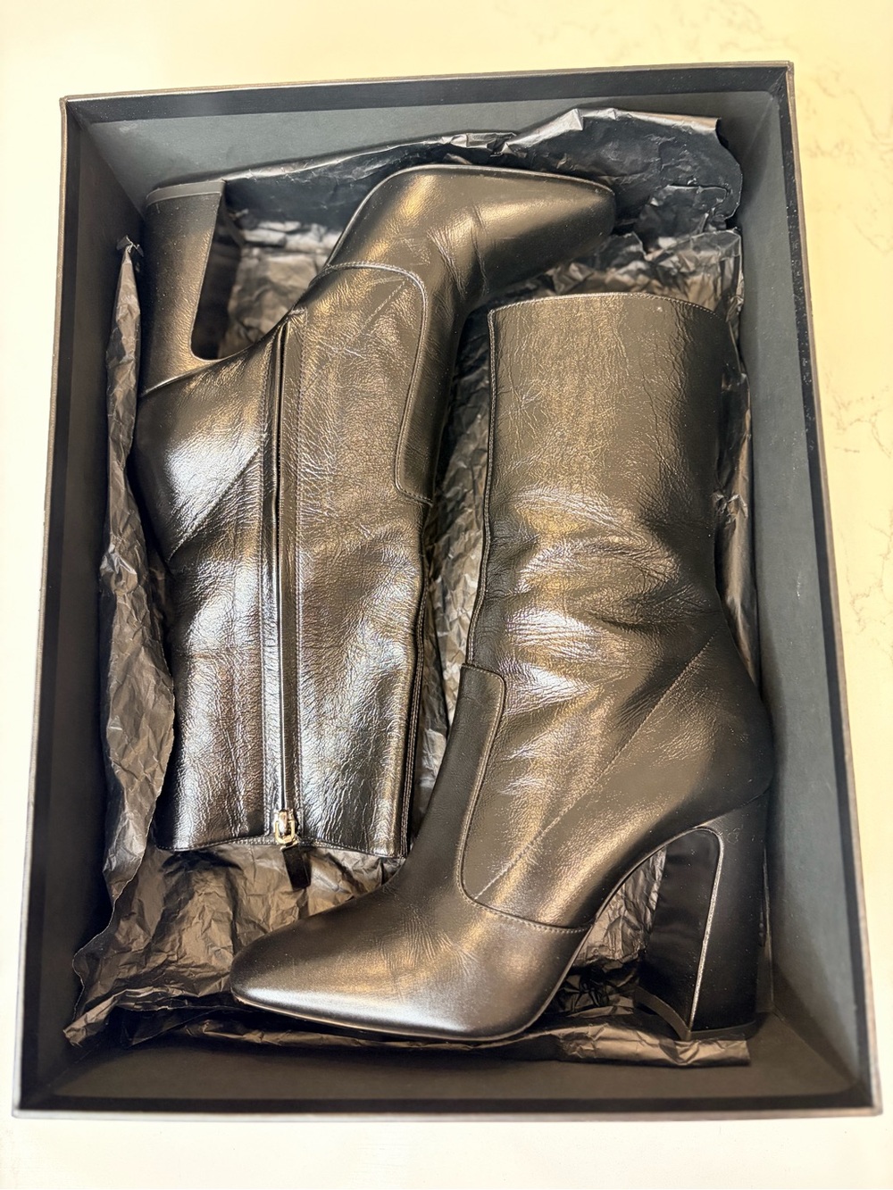 YSL Saint Laurent Maddie 100 Zip Boots | Black Leather Mid-Calf Block Heel | 38